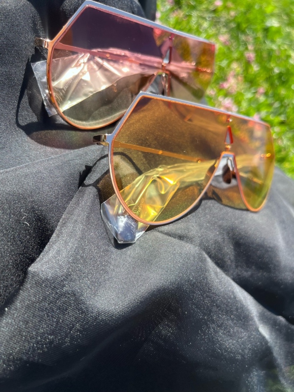 Rimless Geometric Sunglasses - Pink & yellow Lenses with gold trim. - Picture 3 of 5